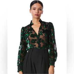 Alice & Olivia Zina metallic sheer & velvet button down blouse